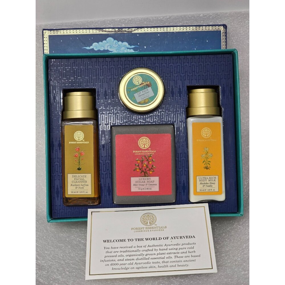 Forest Essentials Bahaar Spring Ayurvedic Gift Set Cleanser Lotion Soap Lip Balm